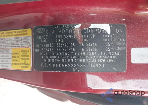 2008 Kia Sedona Lx from USA, damaged, VIN KNDMB233286204921